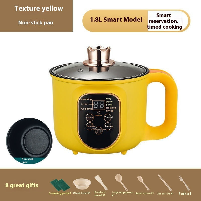 Household Electric Cooker in yellow with LCD display, non-stick pan, and smart reservation features.