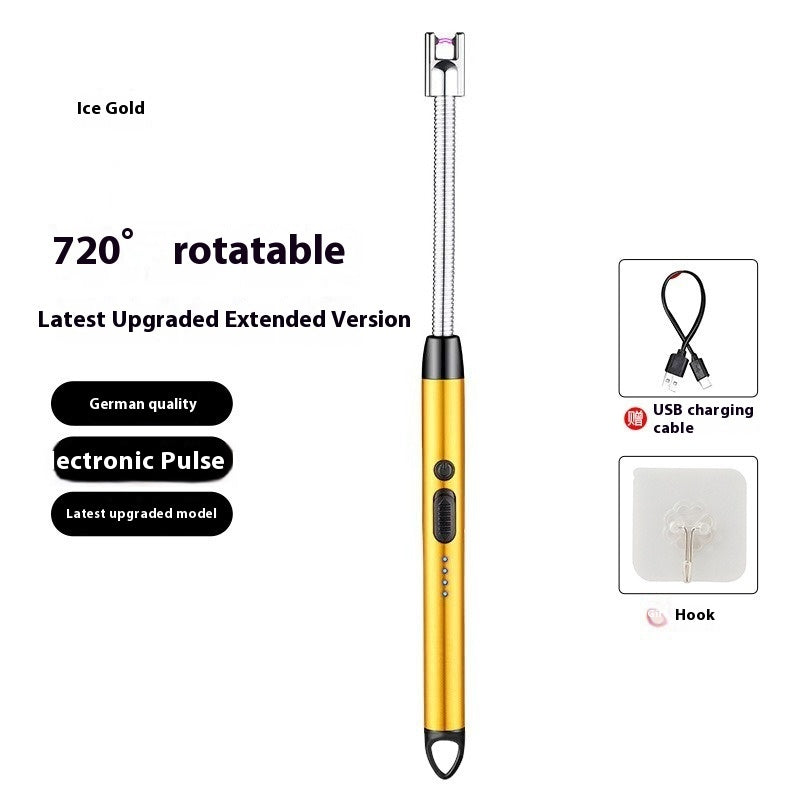 Kitchen Kitchen Burning Torch Gas Stove Natural Gas Electronics with 720° rotatable design and USB charging cable in gold.