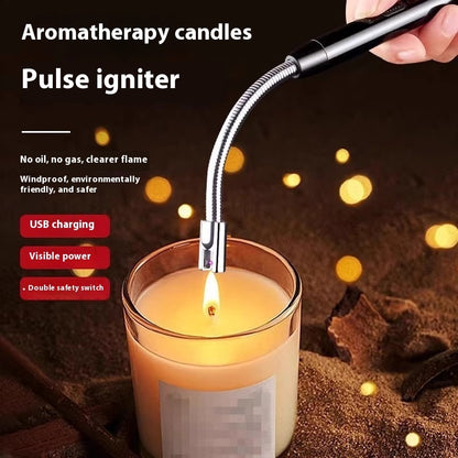 Kitchen Pulse igniter lighting an aromatherapy candle with USB charging and windproof features.