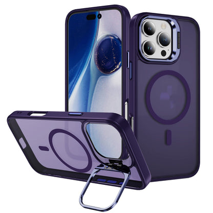 Magnetic phone case lens bracket in dark purple color showcasing magnetic suction design and stand feature.