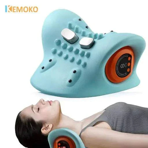 Portable blue neck massager with acupuncture nodes and digital controls for cervical spine relief and muscle tension relaxation