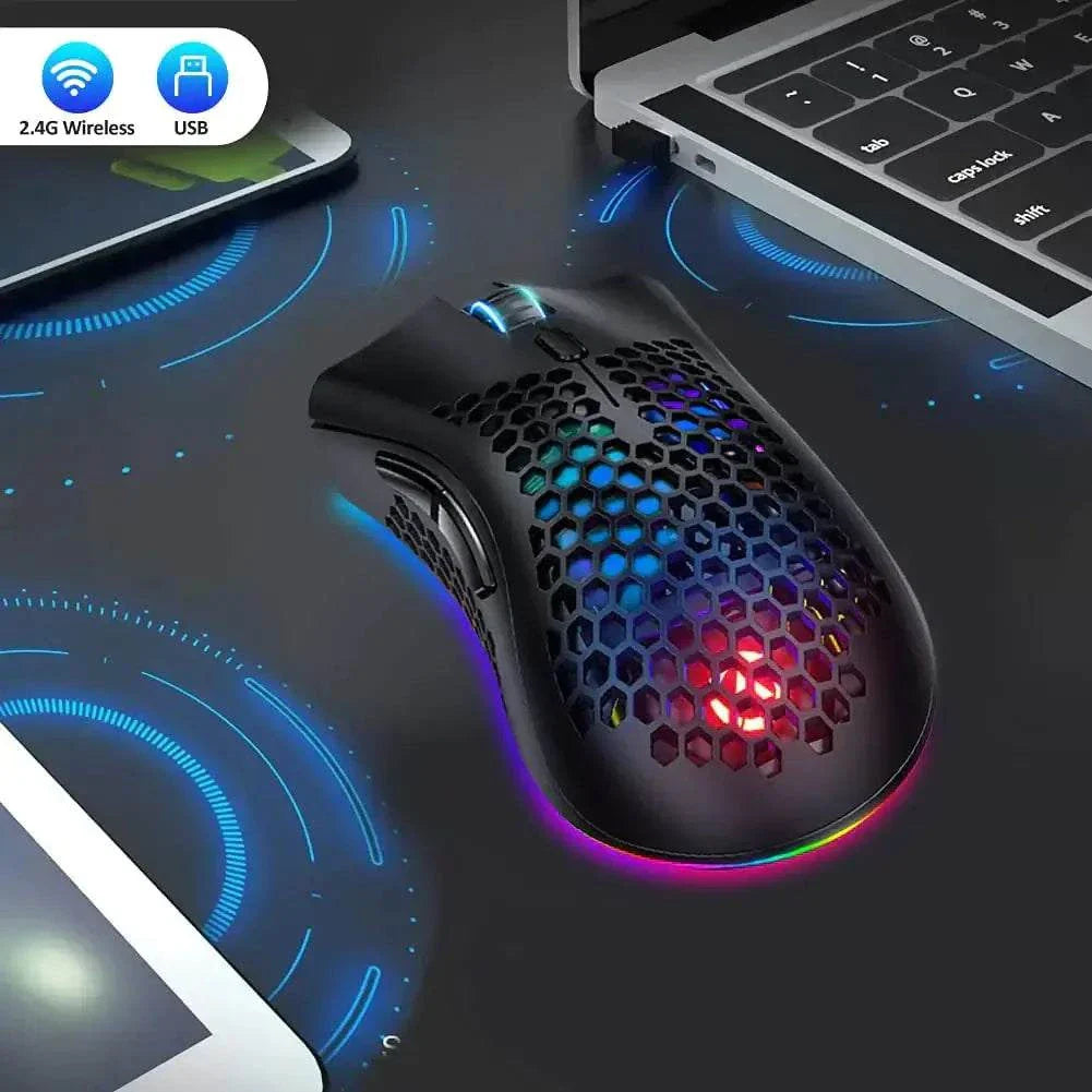 Wireless honeycomb gaming mouse with RGB backlit, adjustable DPI, rechargeable battery, and 2.4G wireless connectivity for PC gaming.