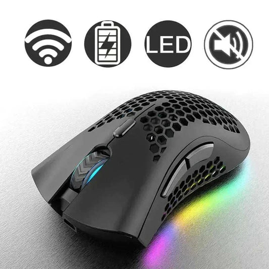 Wireless honeycomb ergonomic wireless gaming mouse with RGB LED backlit, adjustable DPI, rechargeable battery, and silent click