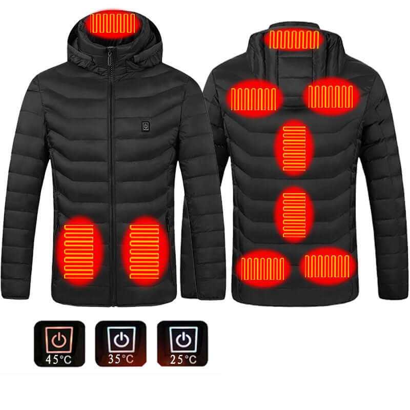 Heated Jacket Coat in blue, black, and red with 🔥hot heating zones for organic warmth control, stylish and lightweight design.