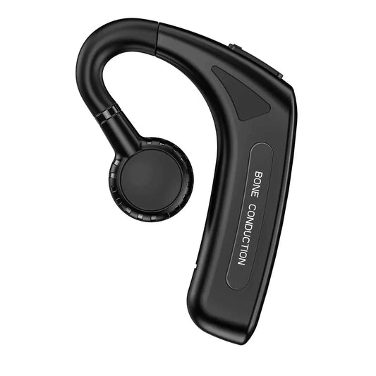 Black wireless earbuds with ear hooks and bone conduction technology for safe outdoor use