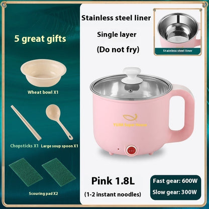 Household Electric Cooker Multifunctional Mini Smart Electric Caldron in pink with stainless steel liner and accessories.