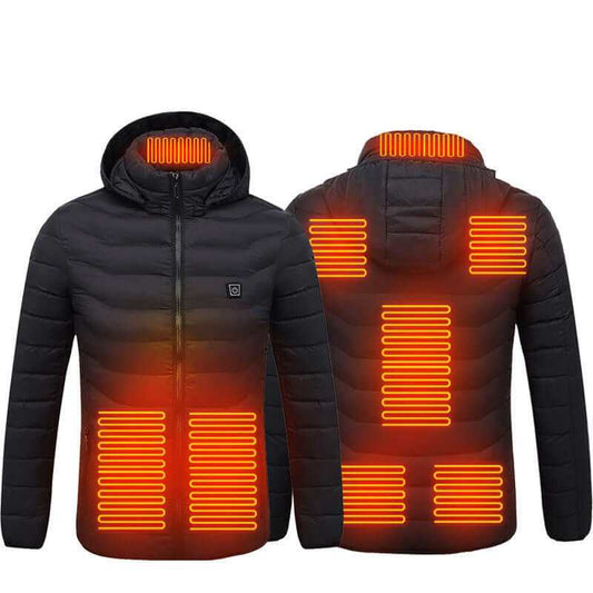 Black rechargeable heated jacket with hood showing heating zones on front and back