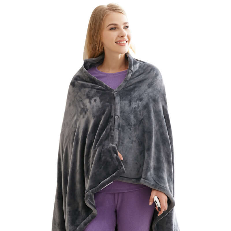 Electric Heated Plush Blanket - Soft & USB Compatible, woman in gray heated shawl smiling while holding a phone