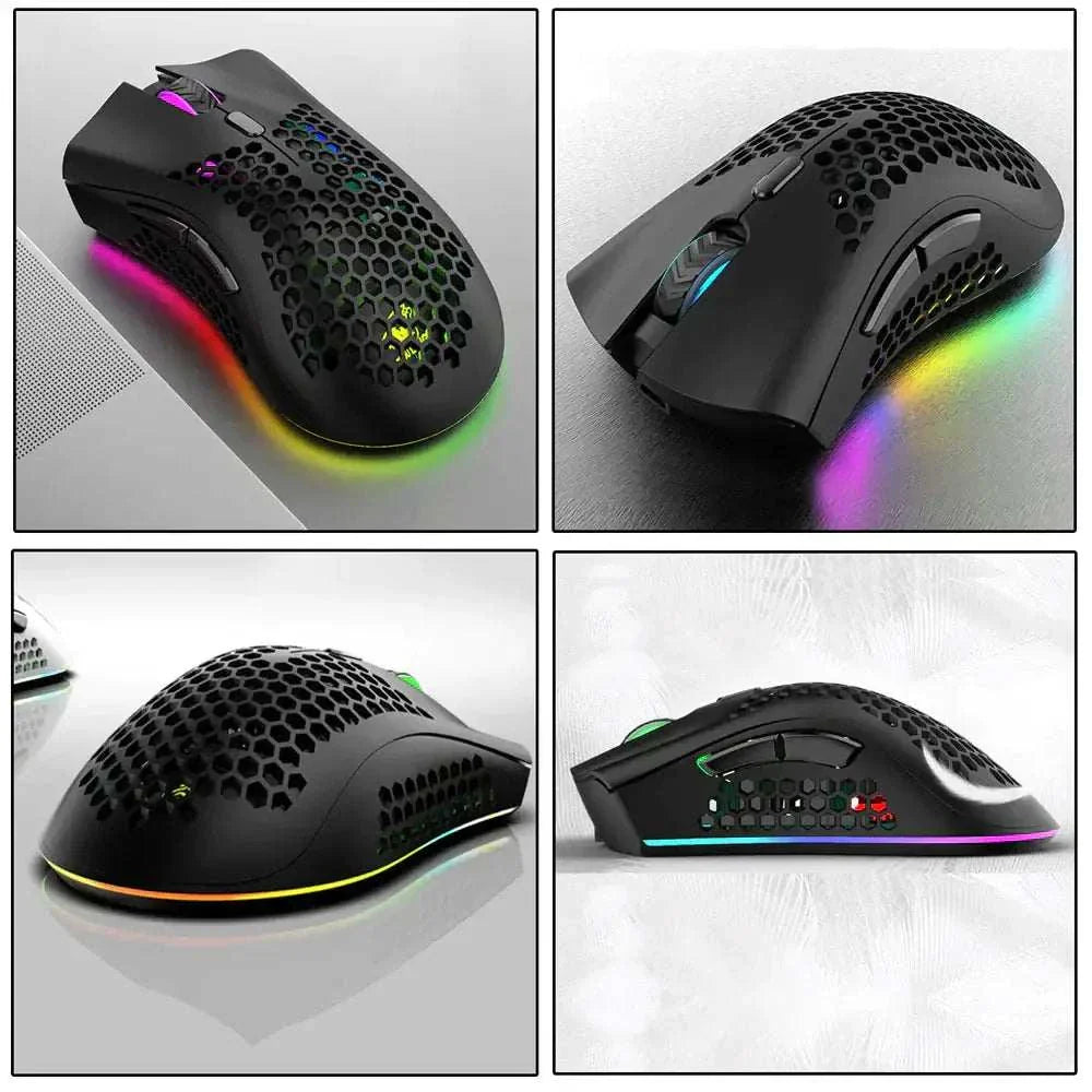 Wireless gaming mouse with honeycomb shell, RGB LED backlight, adjustable DPI, ergonomic design, and rechargeable battery