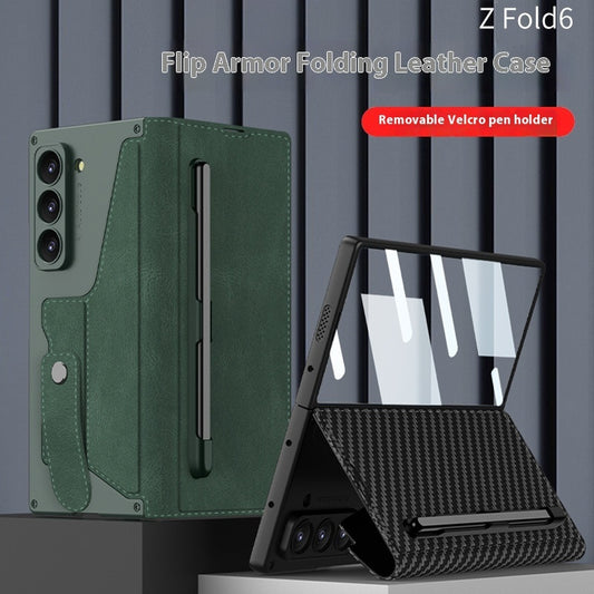 F Folding Phone Case Flip Leather Case in green color with removable Velcro pen holder for Z Fold6