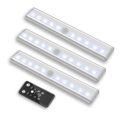 Three LED sensor lights with remote control for cabinet lighting and energy-saving solutions.