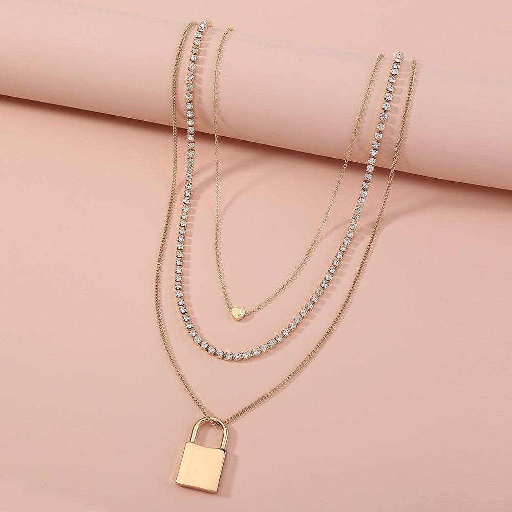 Gold Fashion Personality Lock Pendant Multi-Layer Necklace for Women