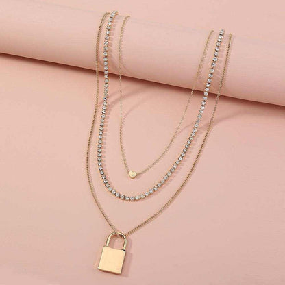 Gold Fashion Personality Lock Pendant Multi-Layer Necklace for Women