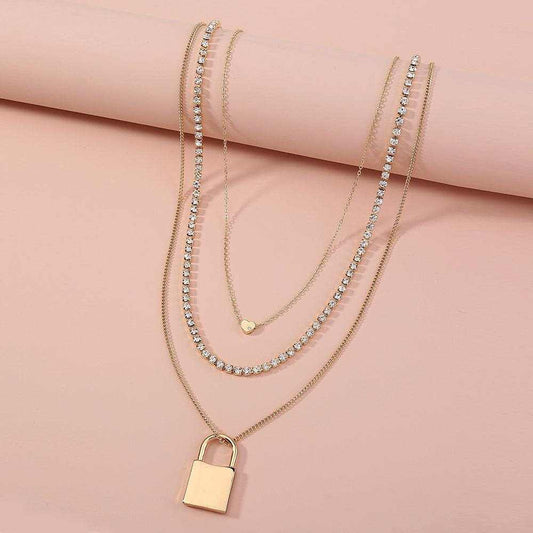 Gold Fashion Personality Lock Pendant Multi-Layer Necklace for Women