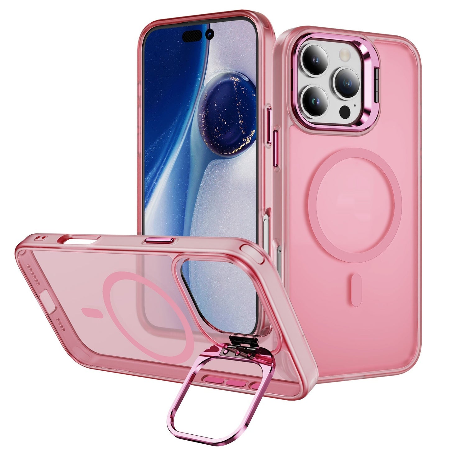 Magnetic phone case lens bracket in pink, showcasing magnetic suction feature and convenient kickstand.