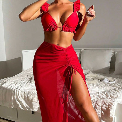 Printed Split Swimsuit Female Skirt Style Split Bikini Three-piece Suit