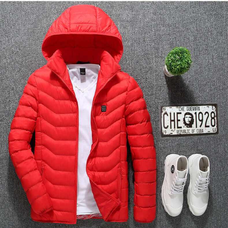 Heated Jacket Coat in blue, black, and red with 🔥hot heating zones for organic warmth control, stylish and lightweight design.