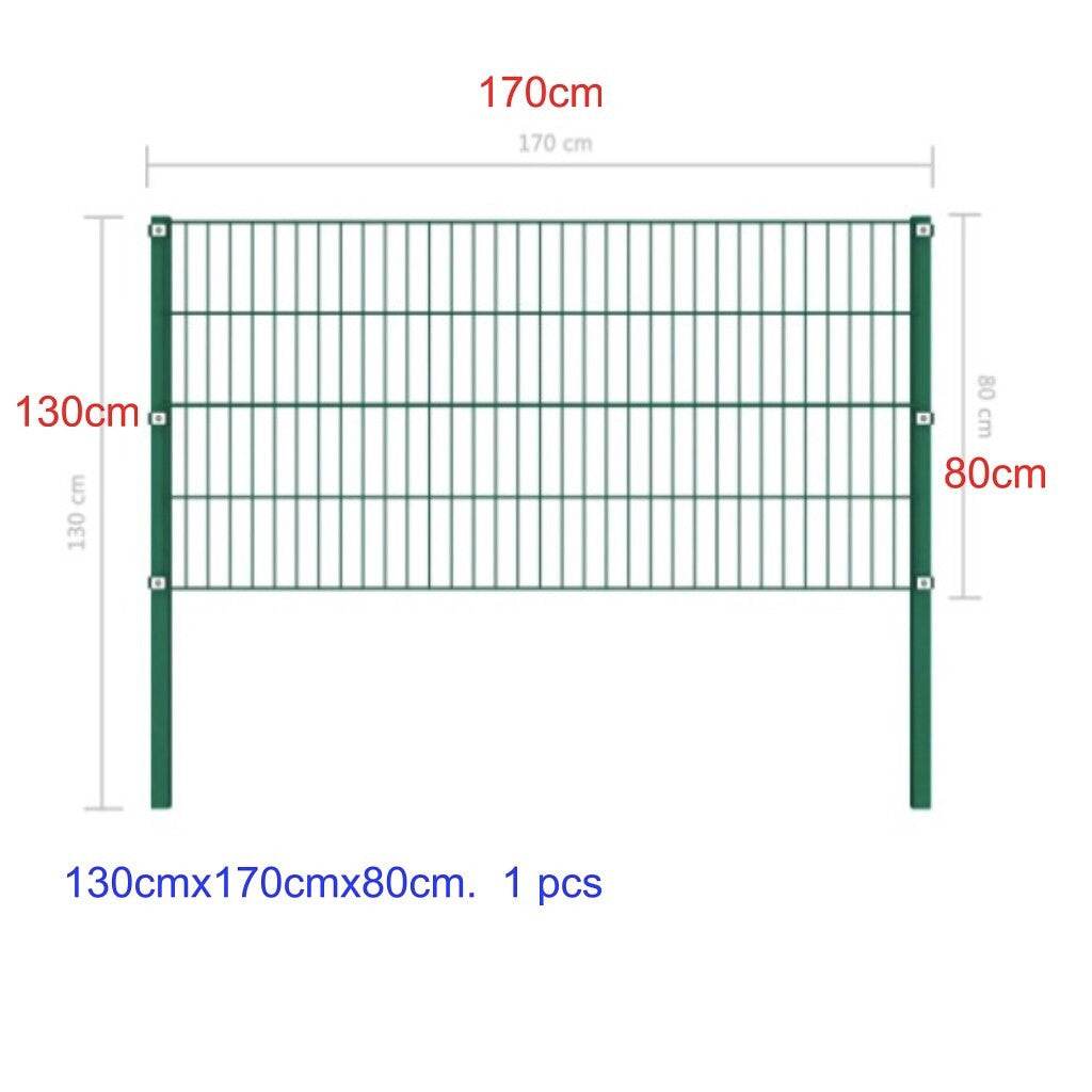 Green powder-coated metal fence panel with cast iron pillars, 130x170x80 cm