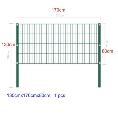 Green powder-coated metal fence panel with cast iron pillars, 130x170x80 cm