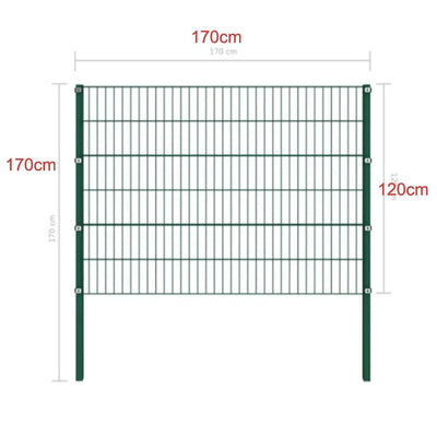 Green metal fence panel with iron pillars, 170x170 cm, powder-coated cast iron frame