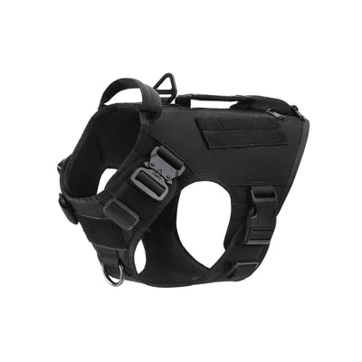 Black tactical dog harness made of durable nylon with breakaway feature and adjustable straps