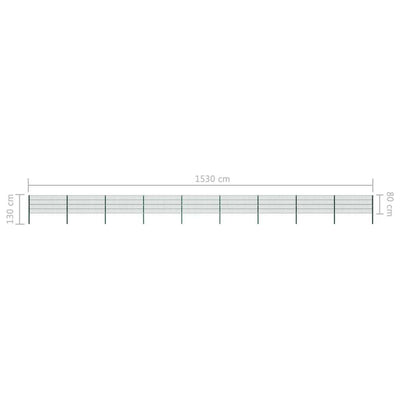 Fence panel with green cast iron pillars and powder-coated metal frame measuring 1530 cm by 130 cm
