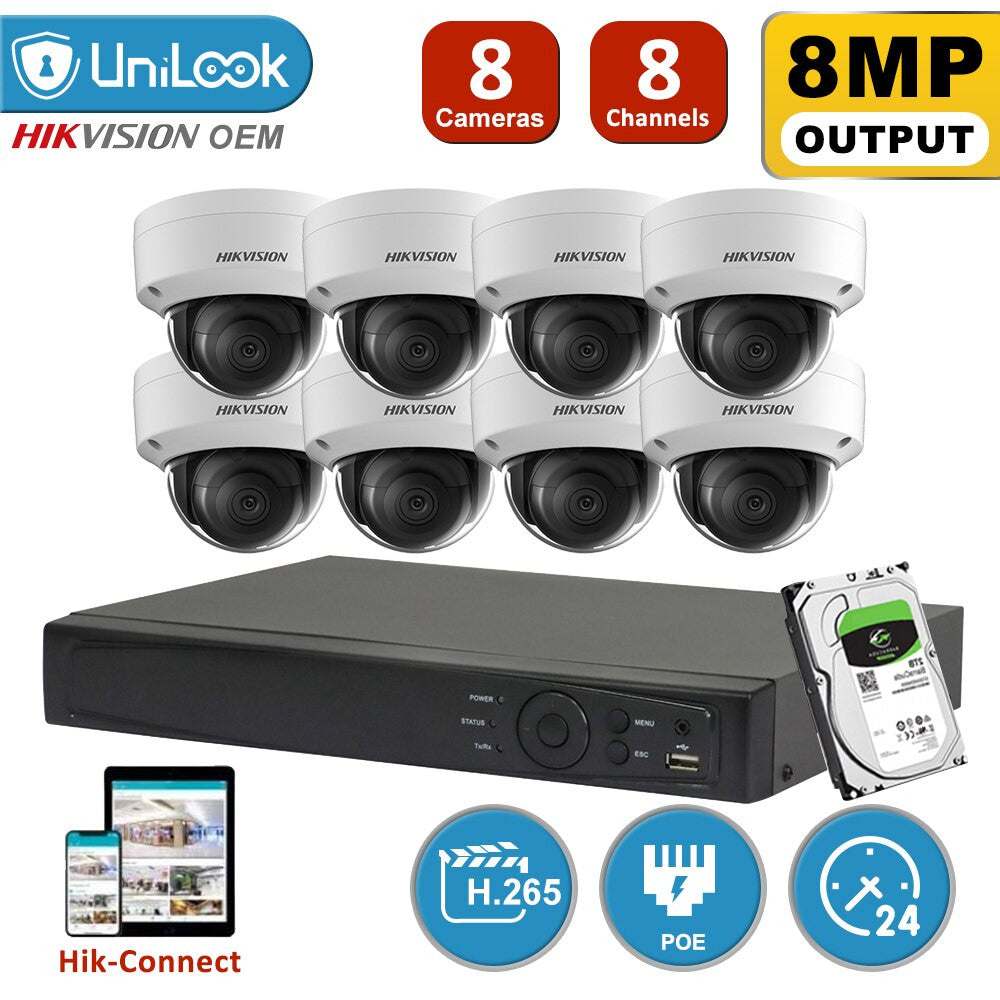 Hikvision 8MP 4K Ultra HD PoE CCTV camera system with 8 dome cameras, night vision, H.265 compression, remote mobile monitoring, and 24/7 security recording