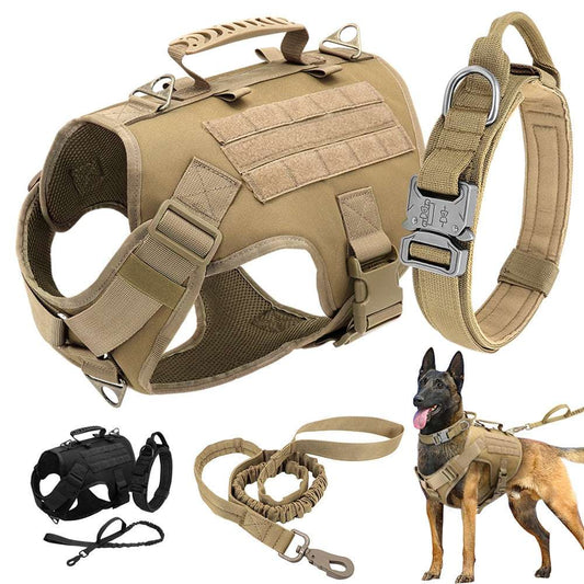 Nylon tactical dog harness, collar, and leash set in khaki for medium to large dogs, adjustable, padded, breathable, no-pull design