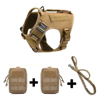 Tan tactical dog harness with durable nylon material and breakaway feature, includes two attachable pouches and matching leash for all-season use.