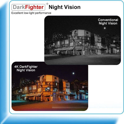 Comparison of conventional night vision and 4K DarkFighter night vision showing clearer, detailed nighttime image from Hikvision CCTV camera
