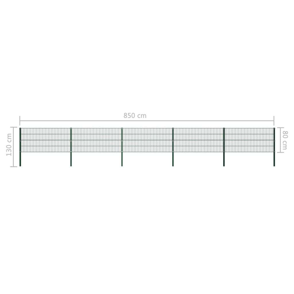 Green iron fence panel with powder-coated cast iron frame and pillars, 850 cm wide and 130 cm high