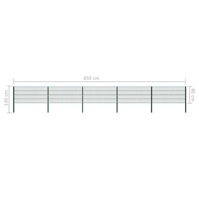Green iron fence panel with powder-coated cast iron frame and pillars, 850 cm wide and 130 cm high