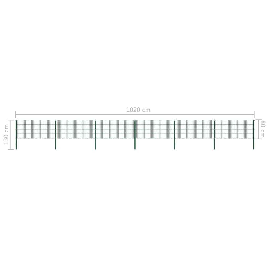 Fence panel with green powder-coated cast iron pillars and metal frame, measuring 1020 cm by 130 cm.