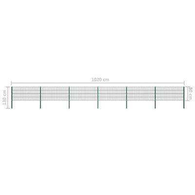 Fence panel with green powder-coated cast iron pillars and metal frame, measuring 1020 cm by 130 cm.