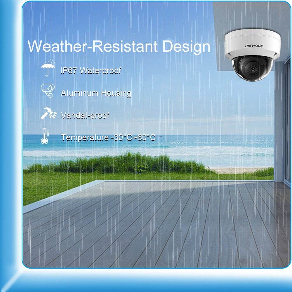 Hikvision CCTV camera with weather-resistant IP67 aluminum housing, vandal-proof design, and wide temperature range for outdoor security.