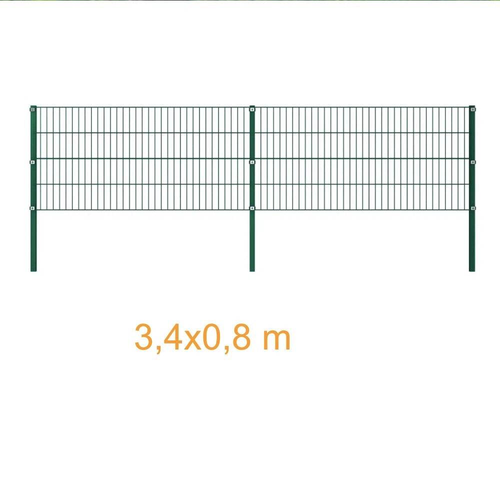 Green iron fence panel with powder-coated metal frame measuring 3.4 by 0.8 meters