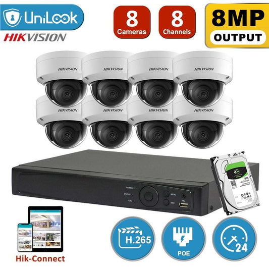 Hikvision 8MP 4K IP PoE CCTV camera system with 8 cameras, night vision, weatherproof dome design, remote monitoring via Hik-Connect app, and H.265 compression.