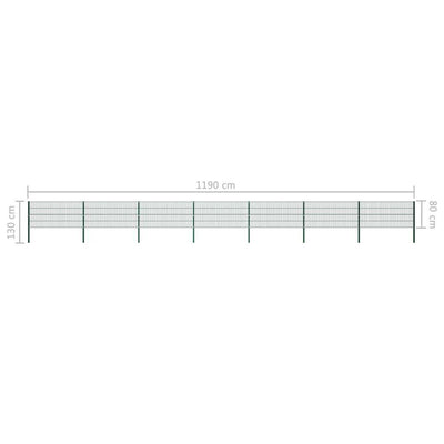 Long metal fence panel with green cast iron pillars and powder-coated frame