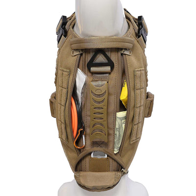 Brown nylon tactical dog harness with adjustable straps and storage compartments for all-season use