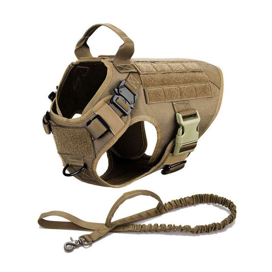 Metal buckle tactical dog harness with padded nylon and quick-release buckle with matching lead leash