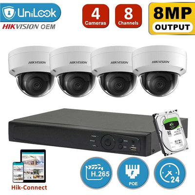 Hikvision 4K 8MP IP POE CCTV camera security system with four dome cameras, NVR, hard drive, and remote monitoring features
