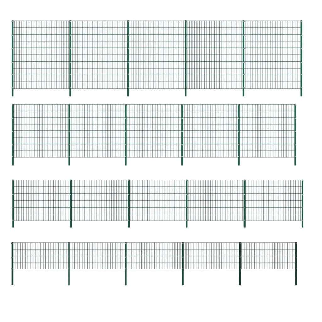 Green powder-coated metal fence panels with cast iron pillars for outdoor fencing.