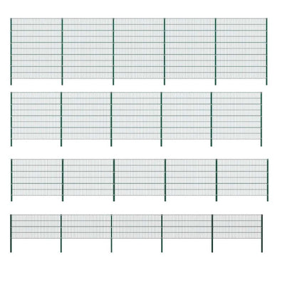 Green powder-coated metal fence panels with cast iron pillars for outdoor fencing.