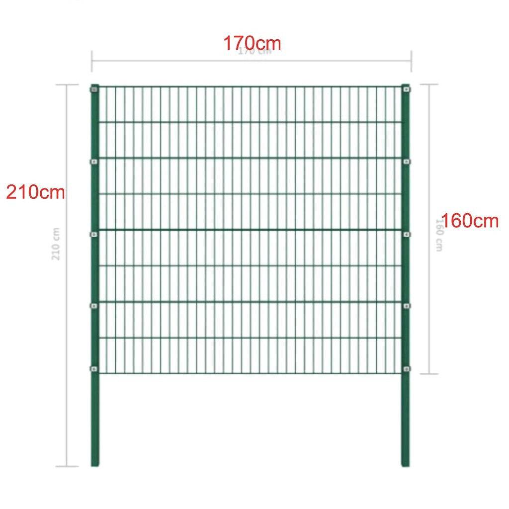 Green powder coated fence panel with cast iron pillars and metal frame measuring 170cm by 210cm