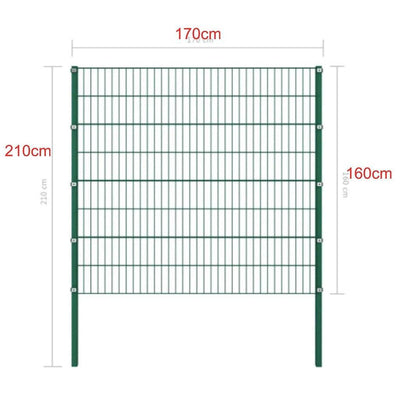 Green powder coated fence panel with cast iron pillars and metal frame measuring 170cm by 210cm