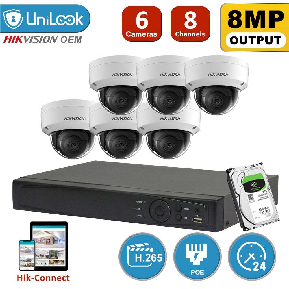 Hikvision 6-camera 8MP 4K Ultra HD IP POE CCTV system with night vision and remote monitoring kit