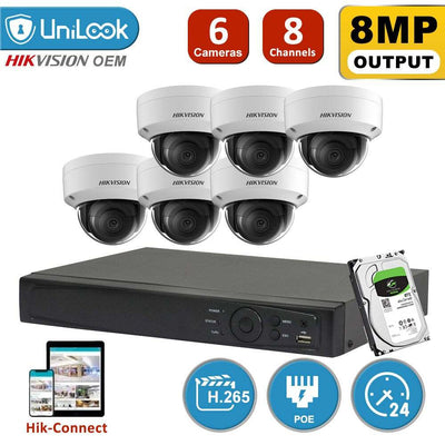 Hikvision 6-camera 8MP 4K Ultra HD IP POE CCTV system with night vision and remote monitoring kit