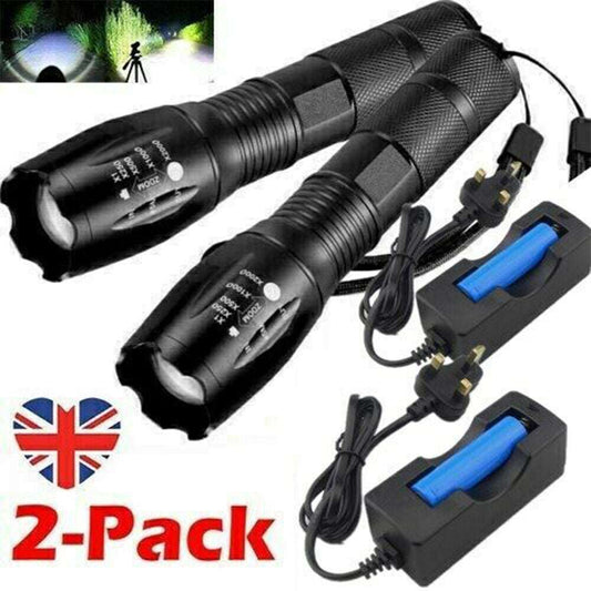 2-pack high power torch LED flashlight with adjustable focus and 5 modes including strobe and SOS, rechargeable with battery and charger included