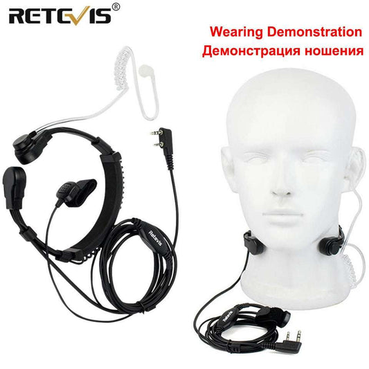 Covert Tube Finger PTT earpiece with 2 pin for Baofeng and Kenwood walkie talkies shown on a mannequin head and standalone on white background