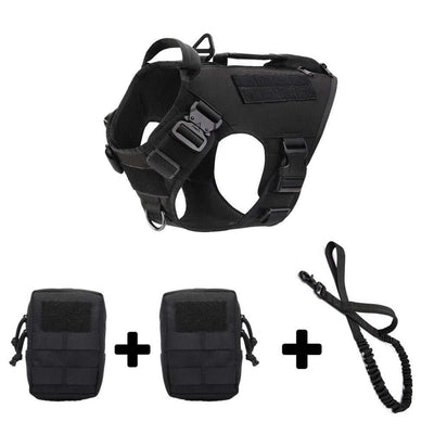 Black nylon tactical dog harness with breakaway feature, two detachable pouches, and leash for all-season use
